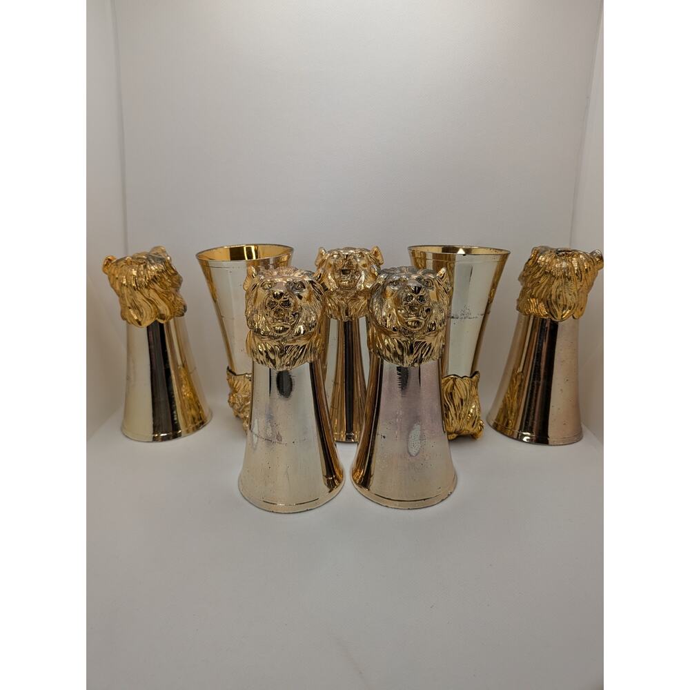 Carole Stupell Gold Lion Head Pitcher & 7 Stirrup Cups – Mid-Century Bar Set - Picture 7 of 16